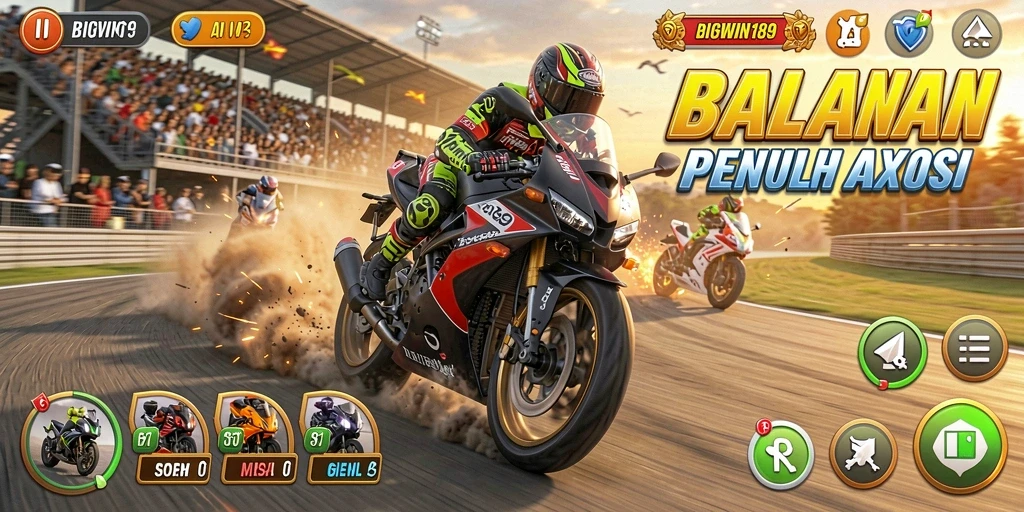 Screenshot gameplay <strong>BIGWIN189</strong> menampilkan balapan motor yang mendebarkan.