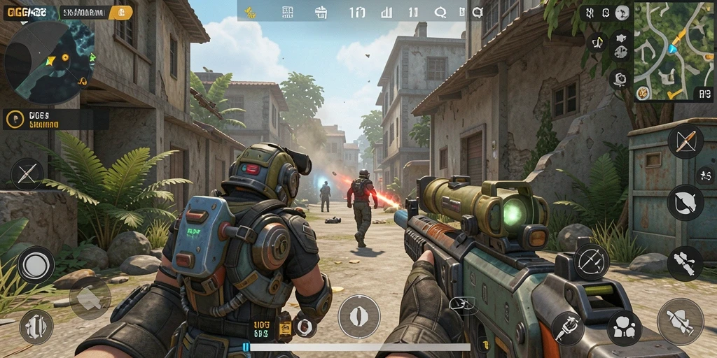 Screenshot utama GIGA33 menampilkan aksi tembak-menembak intens di arena.