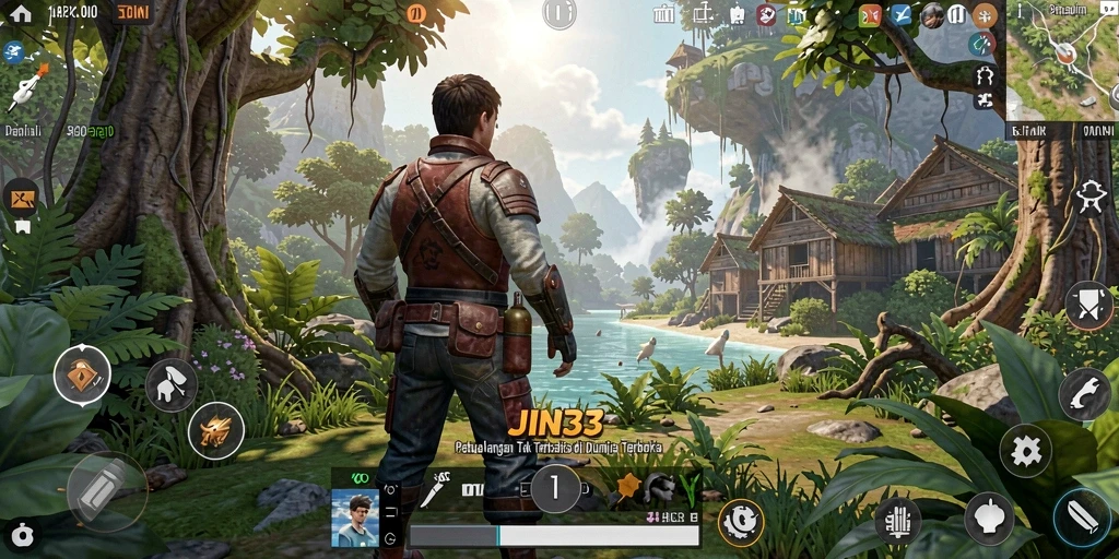 Tangkapan layar gameplay JIN33 menampilkan lokasi menarik dalam dunia terbuka.