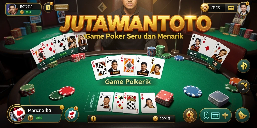 Screenshot menunjukkan gameplay seru JUTAWANTOTO dengan pemain aktif di meja poker.