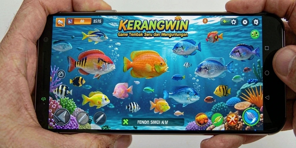 Tampilan screenshot gameplay seru KERANGWIN dengan aksi menembak ikan.