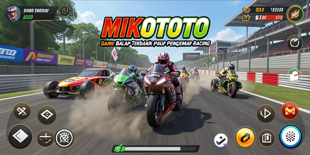 Screenshot gameplay balap MIKOTOTO dengan grafik tinggi dan mobil cepat.