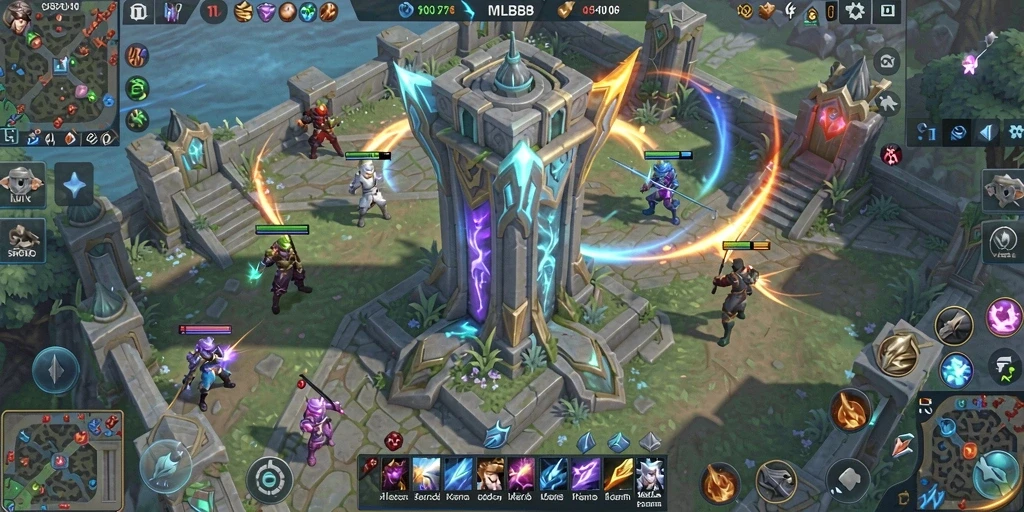 Gameplay seru MLBB8 dengan menara pertahanan yang beragam.
