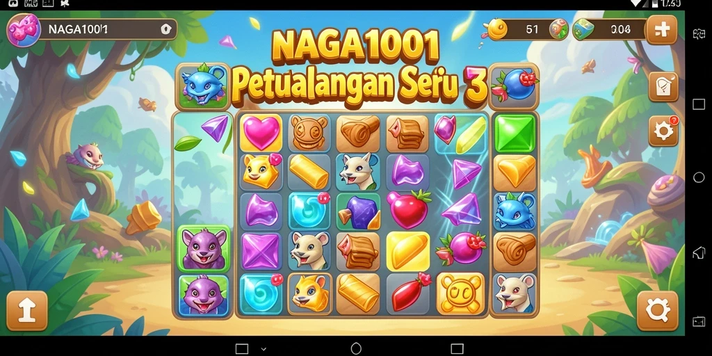Screenshot utama NAGA1001 menampilkan gameplay seru Match-3 yang penuh warna.